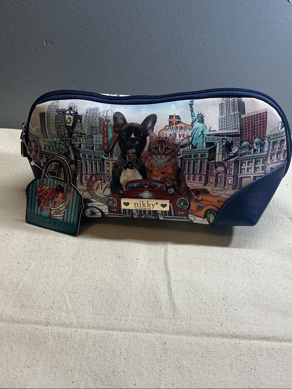 Nicole Lee Navy Multicolor Nikky Pet City Cosmetic bag NWT